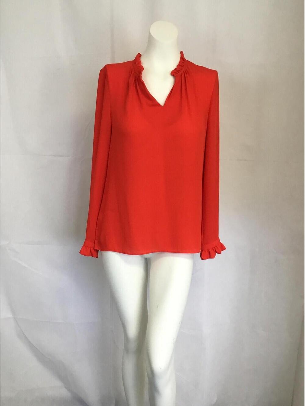 [376]Rose + Olive Blouse Womens S Red Ruffle V Neck Long Sleeve Casual Top Work